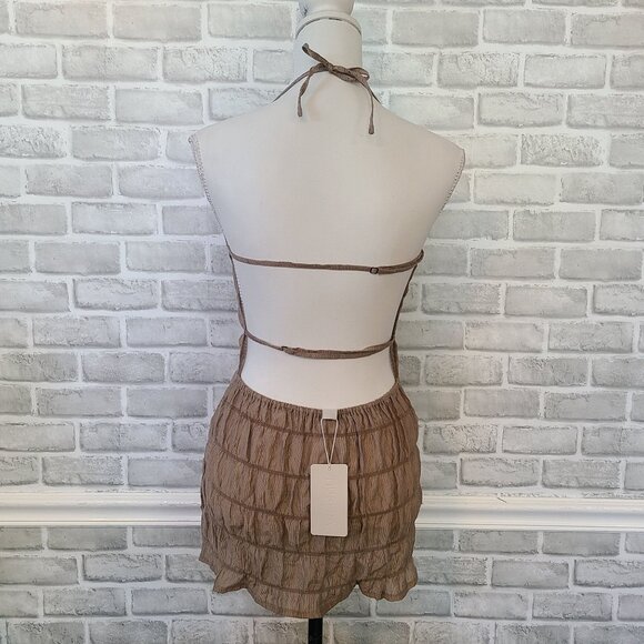 Musera Sheer Shirred Halter Open Back Top Mini Dress NEW Festival Club Med - Picture 3 of 8